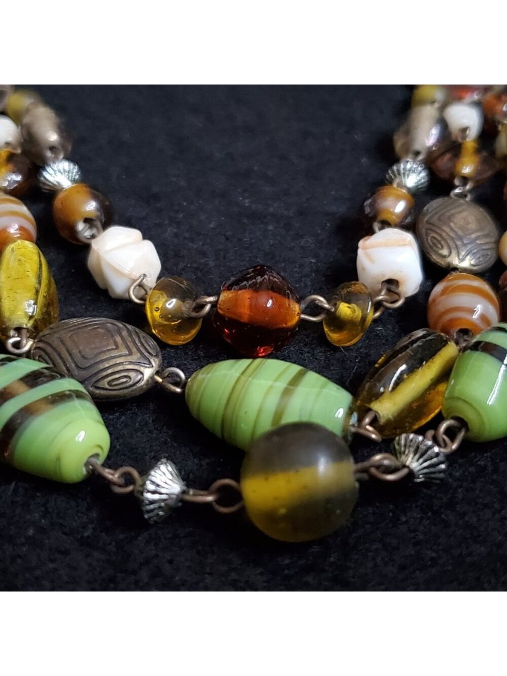 Layered Beaded Necklace Green Brown Lampwork Glass 17"
